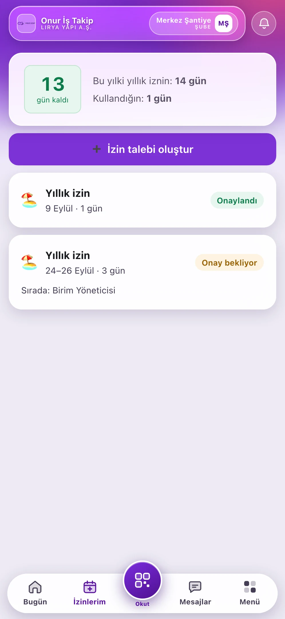 İzin ekranı: kalan bakiye, onaylanmış ve bekleyen talepler
