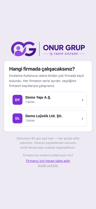 Girişten sonra çıkan firma seçim ekranı: Demo Yapı A.Ş. ve Demo Lojistik Ltd. Şti.